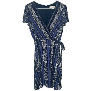 LOFT Petite 4P Floral Print Wrap Dress Blue & White V-Neck Short Sleeves Belted